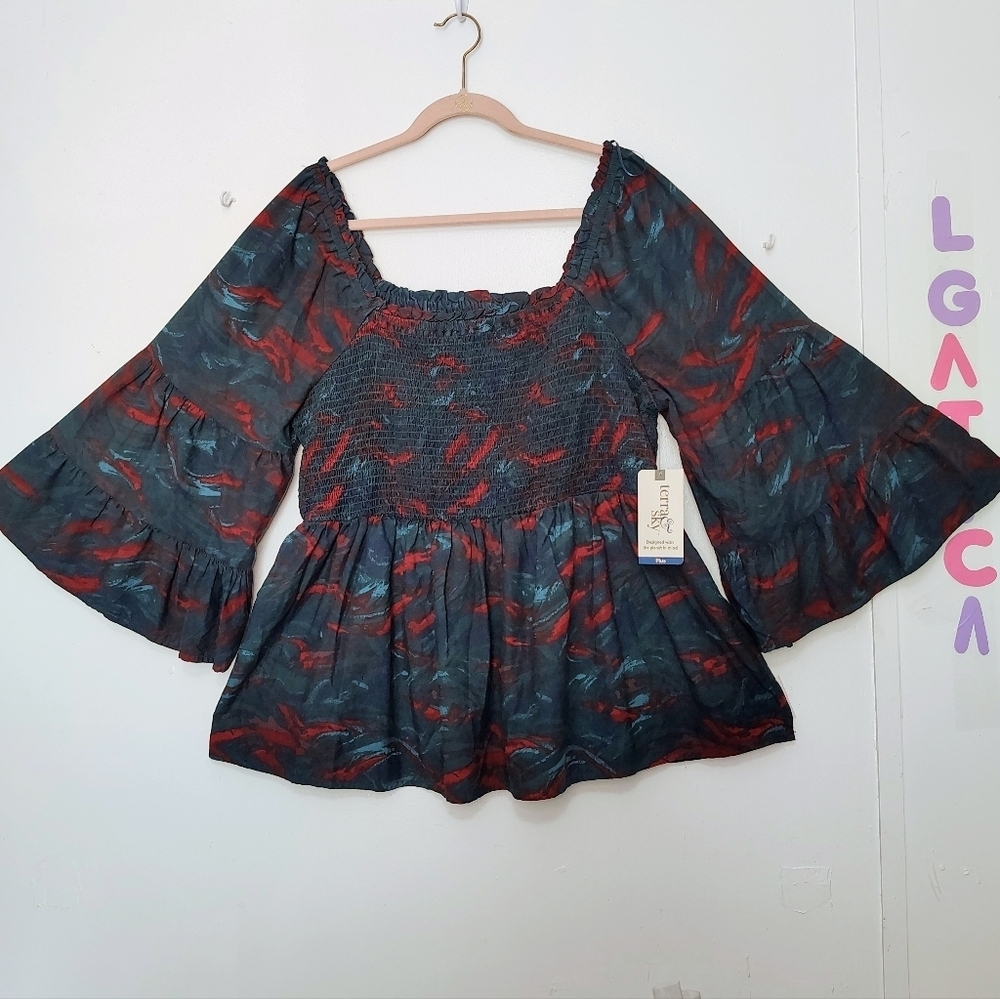 NWT Terra & Sky women's smock top, flared sleeves, cotton, plus sz 1X. - Picture 2 of 16